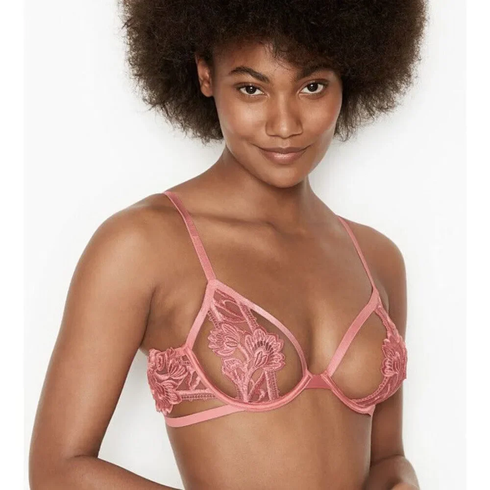 Victoria's Secret Unlined Embroidered Open‎ Demi Bra Sz 34DD Pink Ouvert